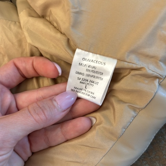 OLIVACEOUS liza faux leather cropped puffer vest in tan - Picture 8 of 11